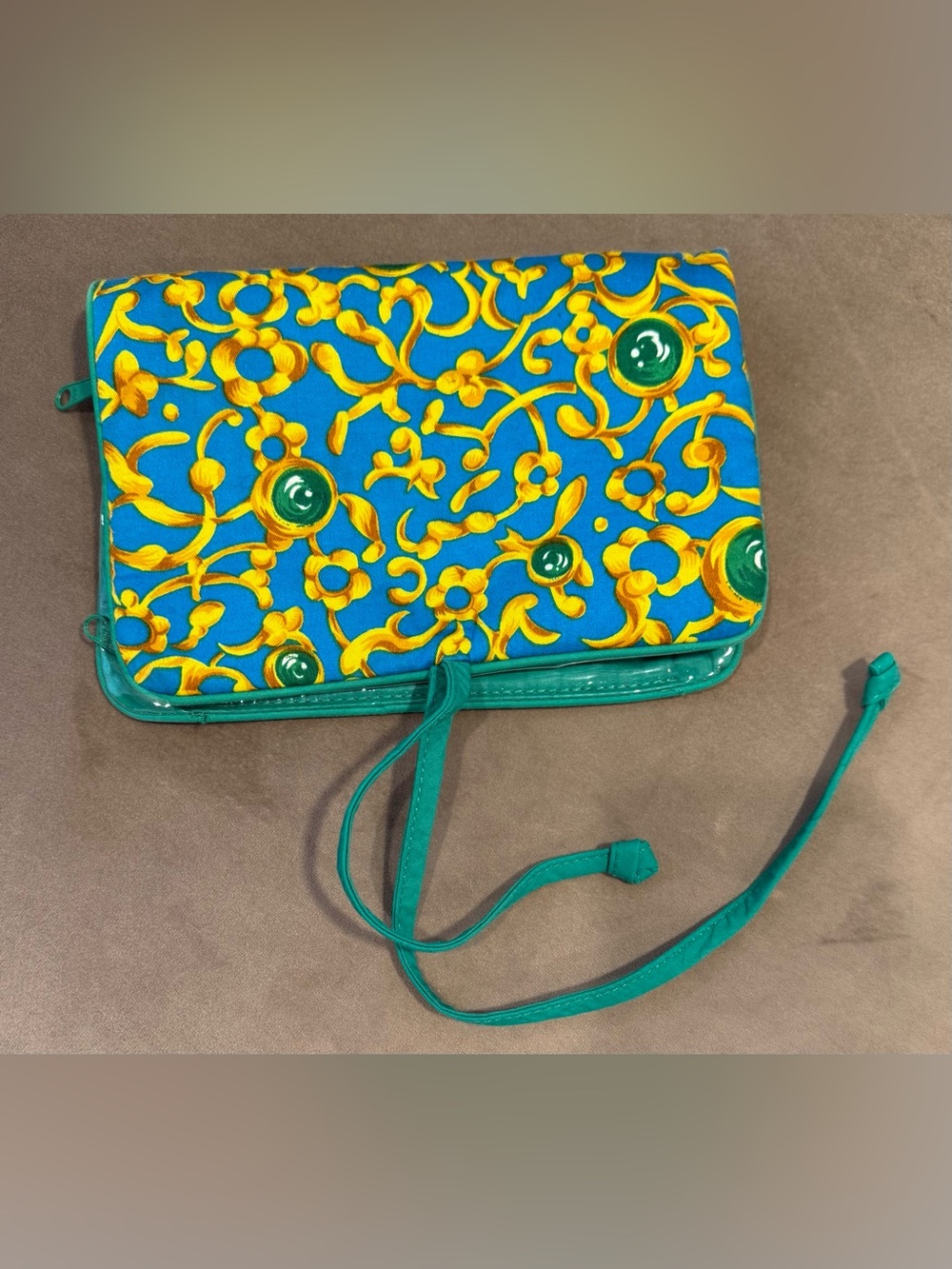 Oscar de la Renta Green, Blue and Gold Floral Pattern Makeup / Storage Bag
